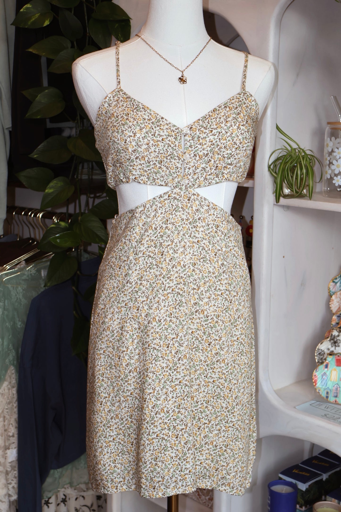 Floral Button Cutout Dress