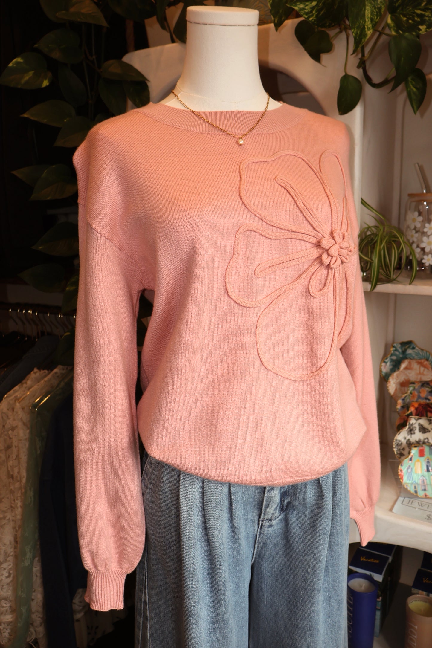 Accent Flower Drop Shoulder Sweater