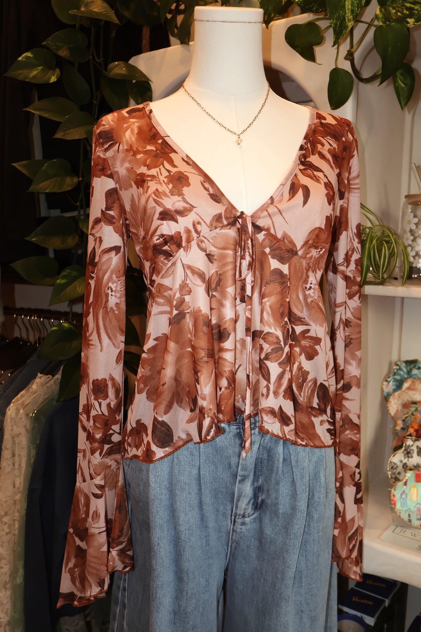 Floral Mesh Bell-Sleeve Tie-Front Top