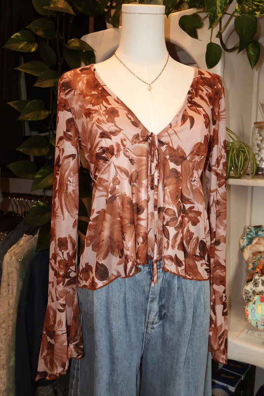 Floral Mesh Bell-Sleeve Tie-Front Top