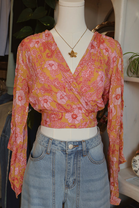 Orange & Pink Floral Bell Sleeve Blouse