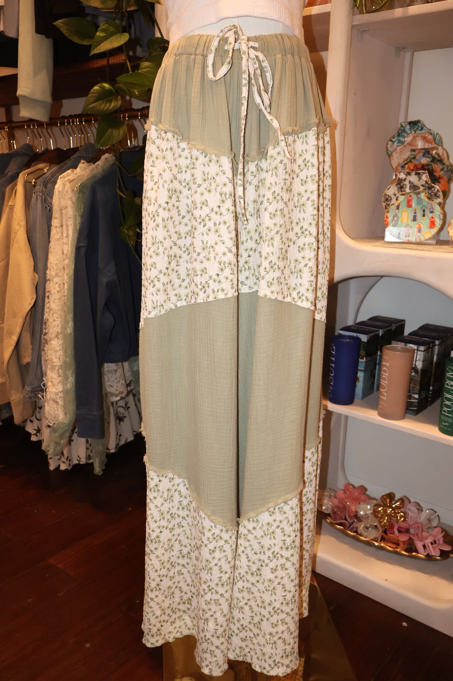 Green Floral Patchwork Flowy Pants