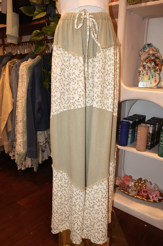 Green Floral Patchwork Flowy Pants
