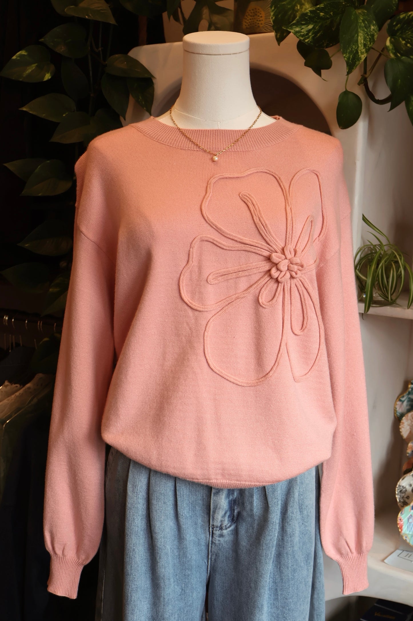 Accent Flower Drop Shoulder Sweater