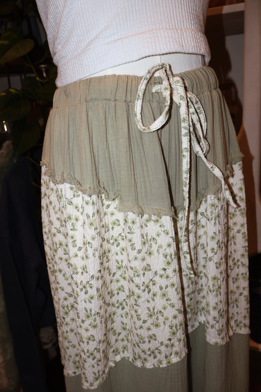 Green Floral Patchwork Flowy Pants