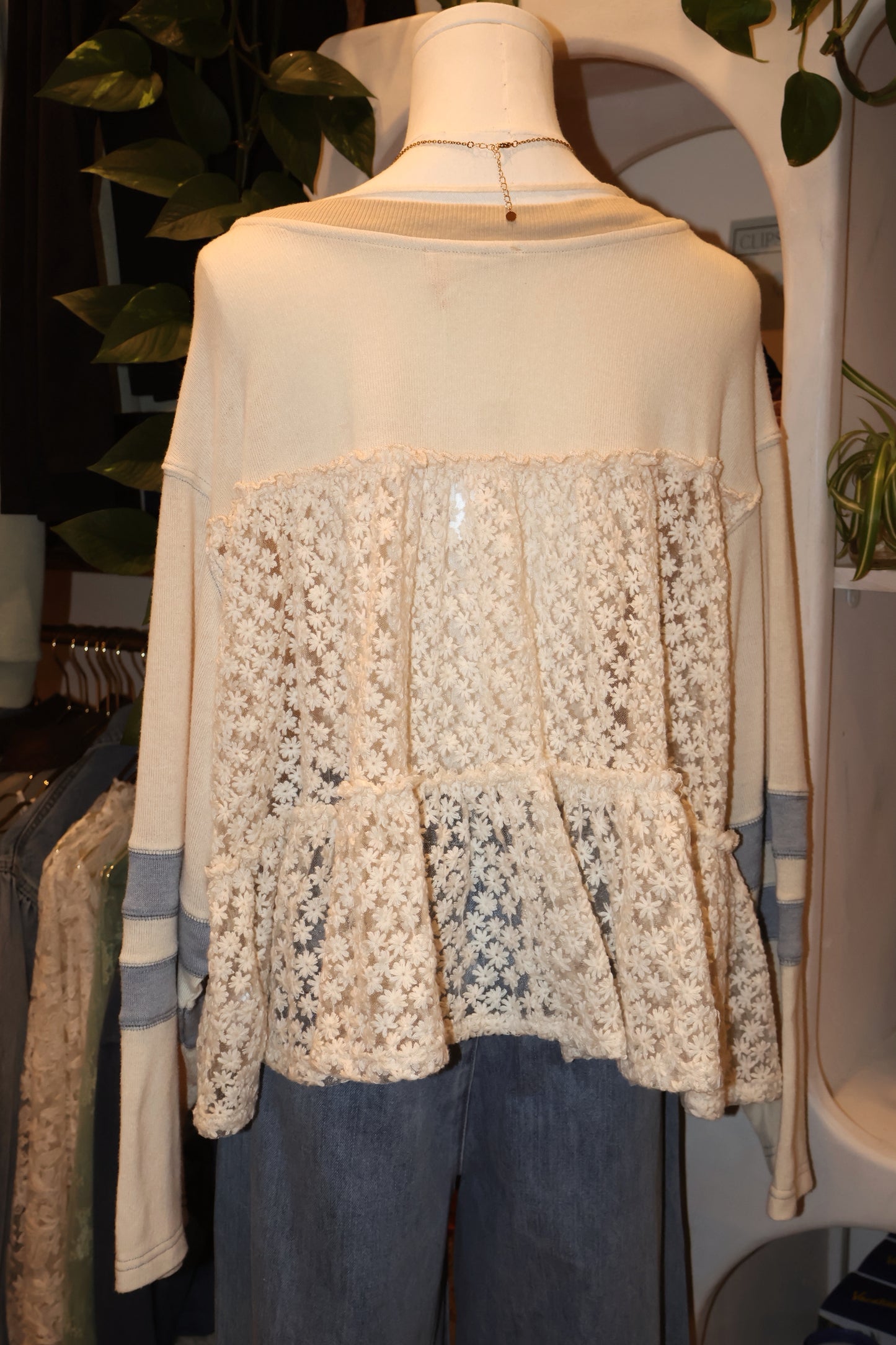 Knit Long Sleeve Baby Doll Ruffle Contrast Top