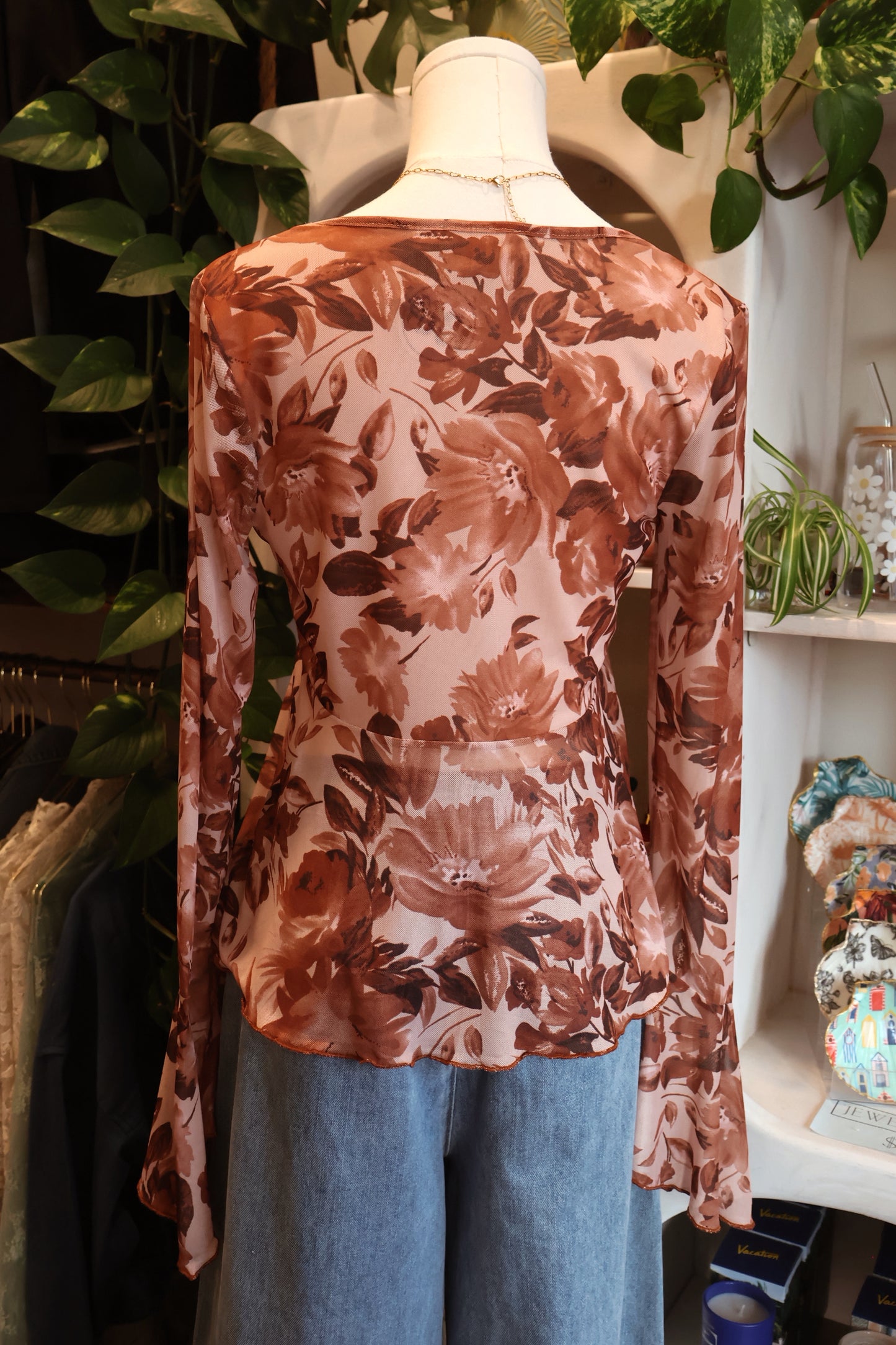 Floral Mesh Bell-Sleeve Tie-Front Top