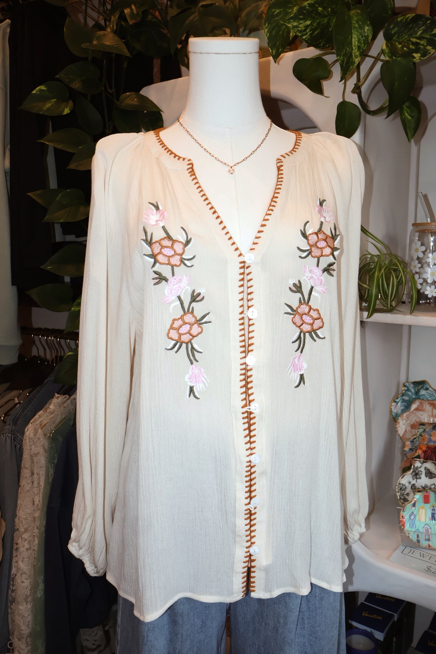 Floral Embroidered Puff Sleeve Blouse