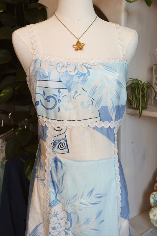 Blue Patchwork Wave Pattern Maxi Dress