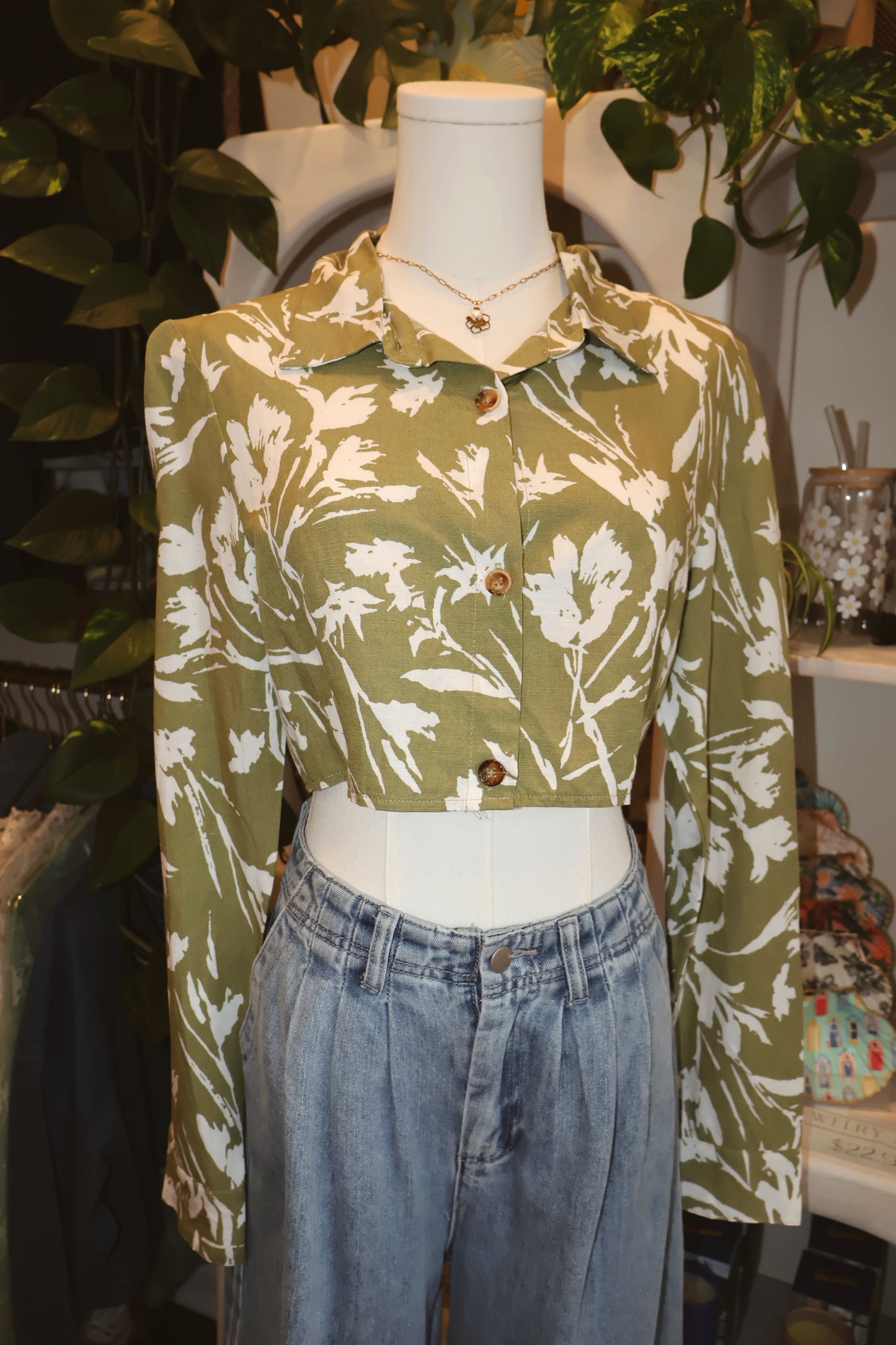 Button Up Cropped Long Sleeve