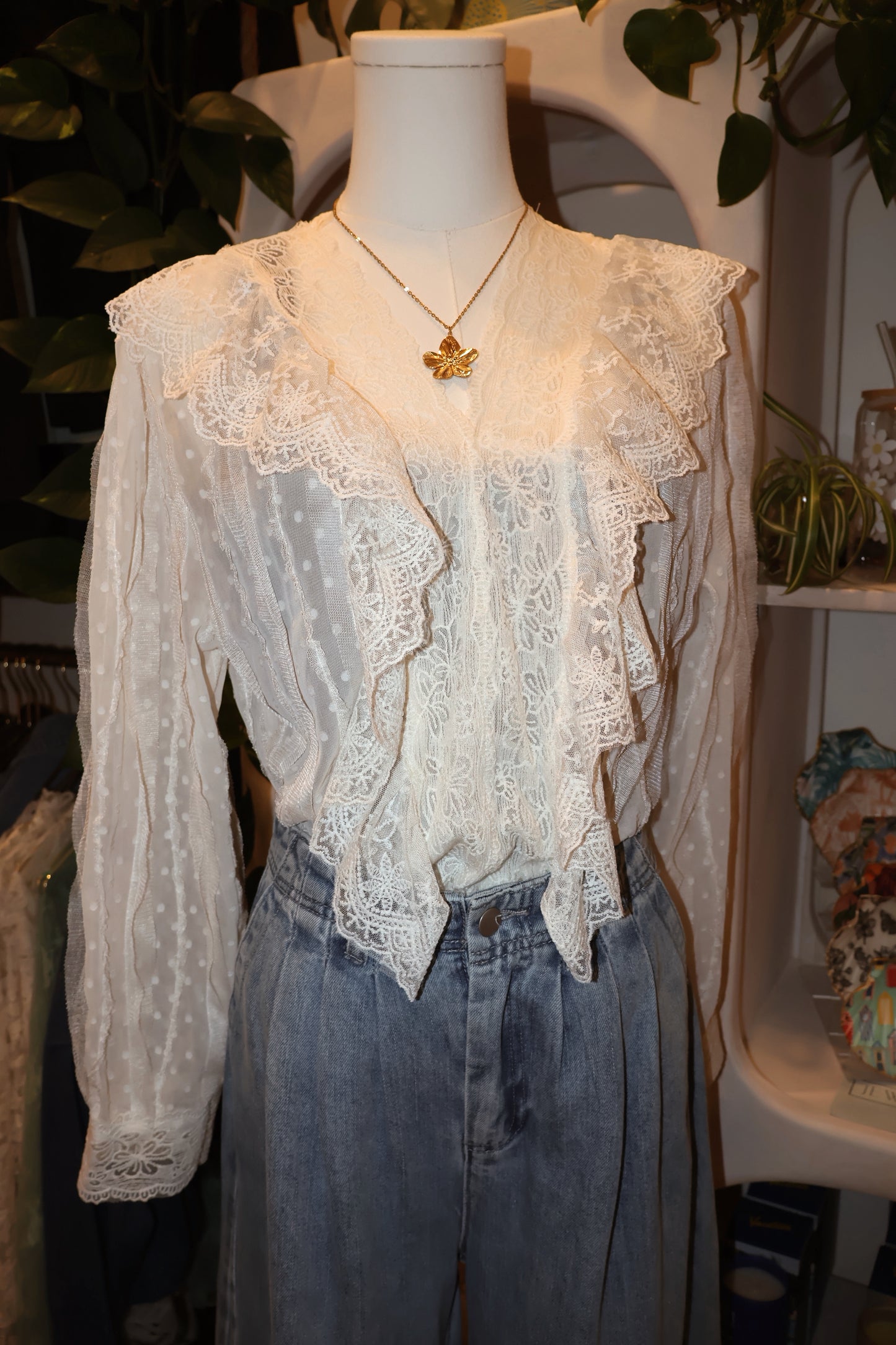 Romantic Ruffle Design Lace Floral Sheer Blouse