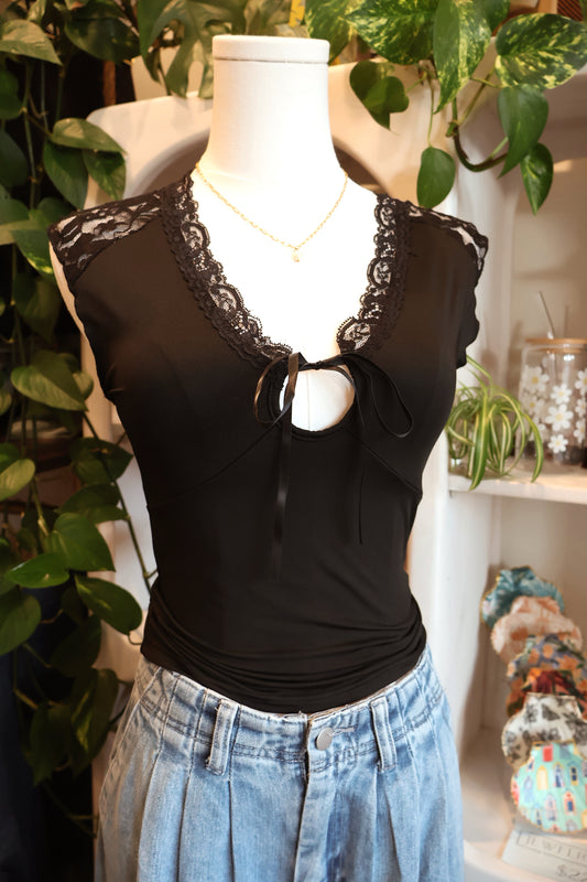 Lace Trim Ribbon Tie Tank Top